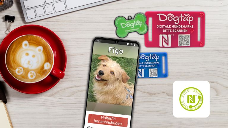 Table with several Dogtaps and a smartphone on it